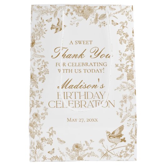 Gouden Toile De Jouy Bloemen Verjaardagsfeest Favo Medium Cadeauzakje (Achterkant)