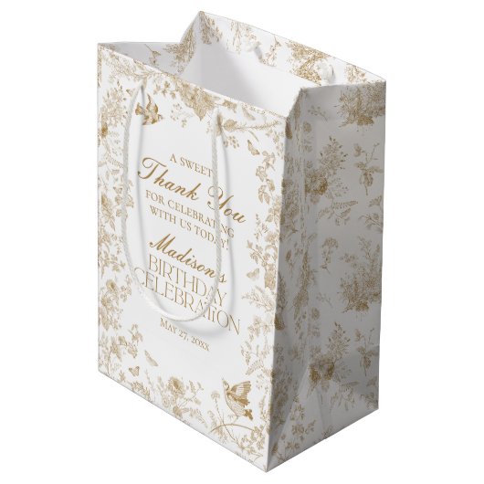 Gouden Toile De Jouy Bloemen Verjaardagsfeest Favo Medium Cadeauzakje (Achterkant Gekanteld)