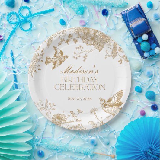 Gouden Toile De Jouy  Bloemen Verjaardagsfeest Papieren Bordje (Feest)