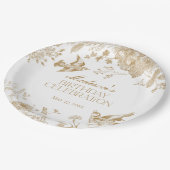 Gouden Toile De Jouy  Bloemen Verjaardagsfeest Papieren Bordje (Gekanteld)