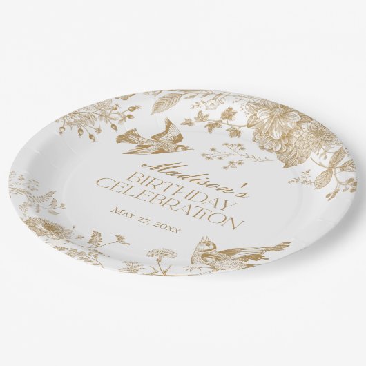Gouden Toile De Jouy Bloemen Verjaardagsfeest Papieren Bordje (Gekanteld)