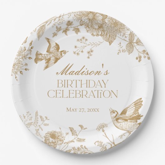 Gouden Toile De Jouy  Bloemen Verjaardagsfeest Papieren Bordje (Voorkant)