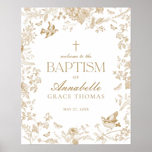 Gouden Toile De Jouy Bloemendoop Welkomstbord Poster (Voorkant)