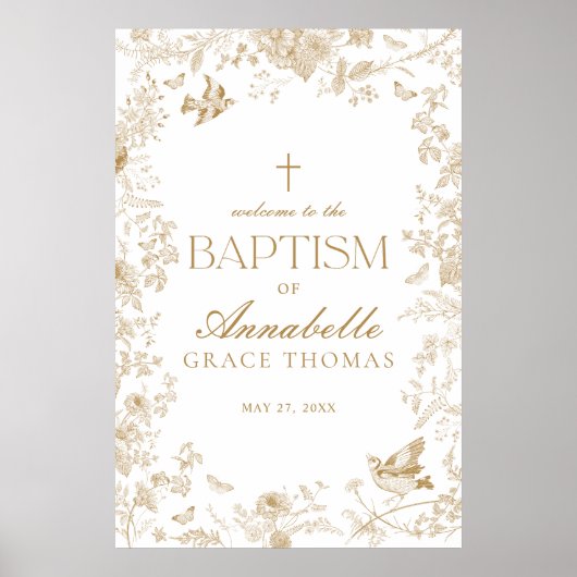 Gouden Toile De Jouy Bloemendoop Welkomstbord Poster (Voorkant)