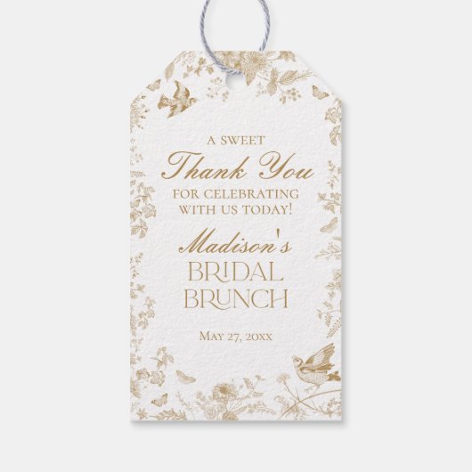Gouden Toile De Jouy Bloemrijke Bruidsbrunch Favor Cadeaulabel (Achterkant)