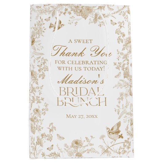 Gouden Toile De Jouy Bloemrijke Bruidsbrunch Favor Medium Cadeauzakje (Voorkant)