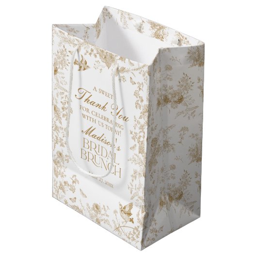 Gouden Toile De Jouy Bloemrijke Bruidsontbijt Cade Medium Cadeauzakje (Voorkant Gekanteld)