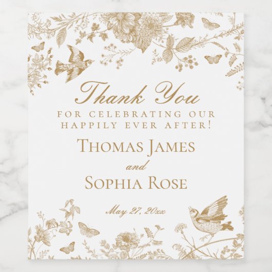Gouden Toile De Jouy Floral Wedding Party Favoriet Wijn Etiket (Enkel label)