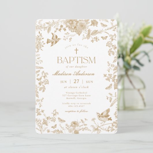 Gouden Toile De Jouy Franse Bloem Doopfeest Kaart (Staand voorkant)