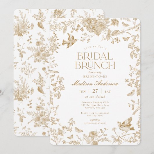 Gouden Toile De Jouy Franse Bloemen Bruids Brunch Kaart (Voorkant / Achterkant)