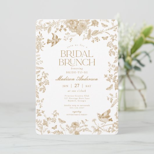 Gouden Toile De Jouy Franse Bloemen Bruids Brunch Kaart (Staand voorkant)