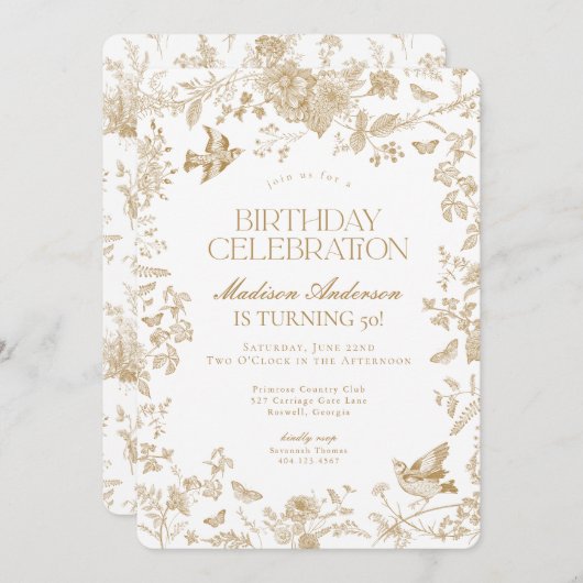 Gouden Toile de Jouy Franse Bloemen Verjaardagsfee Kaart (Voorkant / Achterkant)