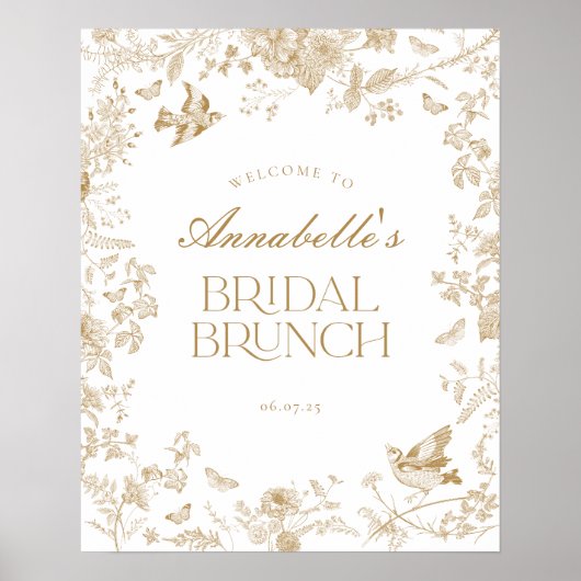 Gouden Toile Jouy Bloemen Bruids Brunch Welkomstbo Poster (Voorkant)