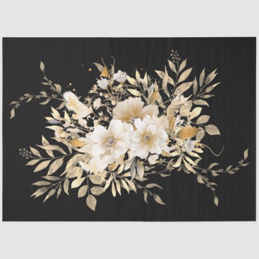 Gouden Tone Bloemen op zwart Decoupage Tissue Pape Tissuepapier (Voorkant)