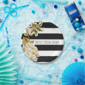 Gouden Tone Bloemen Zwart & Wit Gestreept Papieren Bordje (Feest)