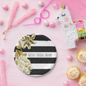 Gouden Tone Bloemen Zwart & Wit Gestreept Papieren Bordje (Feest)