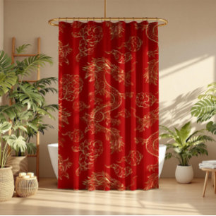 Gouden Tone Chinese Draak en Rood Douchegordijn