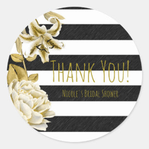 Gouden Toon Bloemen Zwart & Wit Gestreept Favor Ronde Sticker