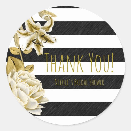 Gouden Toon Bloemen Zwart & Wit Gestreept Favor Ronde Sticker (Voorkant)