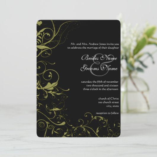 Gouden Tortelduifjes & Swirls bruiloft Kaart (Staand voorkant)