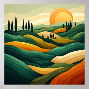 Gouden Toscaanse platteland bij zonsondergang ☀️ Poster