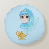 Gouden toverlamp en geest op lichtblauw rond kussen (Achterkant)