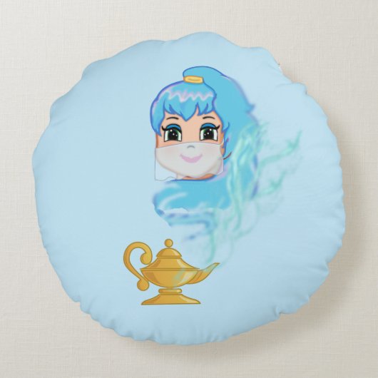 Gouden toverlamp en geest op lichtblauw rond kussen (Achterkant)