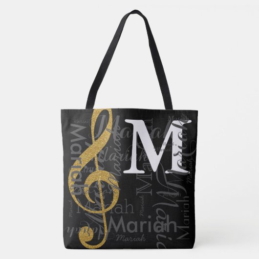 Gouden treble sleutel muzieknoot monogram met naam tote bag (Voorkant)