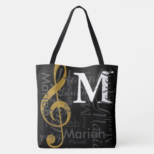 Gouden treble sleutel muzieknoot monogram met naam tote bag (Achterkant)