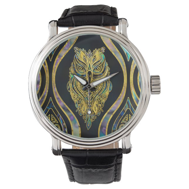 Gouden Tribal Uil op Boho Abalone Patroon Horloge (Voorkant)