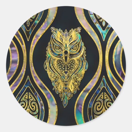 Gouden Tribal Uil op Boho Abalone Patroon Ronde Sticker (Voorkant)