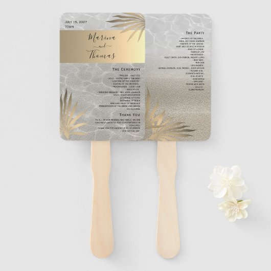 Gouden Tropisch Strand Bruiloftsprogramma Handvent Handwaaier (Voorkant en achterkant)