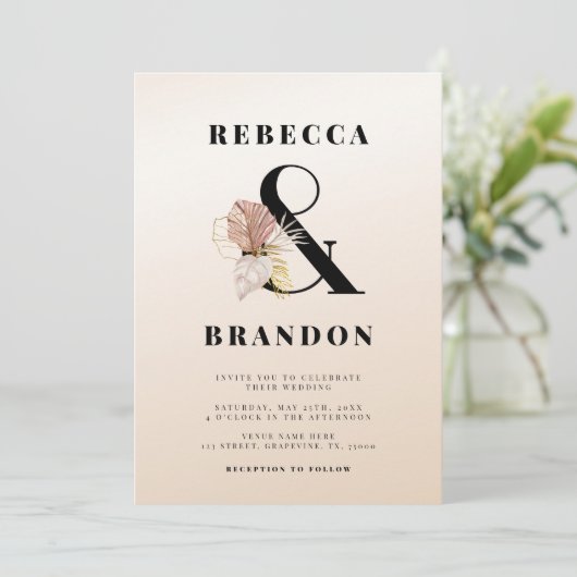 Gouden Tropische Ampersand Stoffig Roze Ombre Huwe Kaart (Staand voorkant)