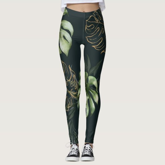Gouden tropische bladeren: donkere Waterverf Leggings (Voorkant)