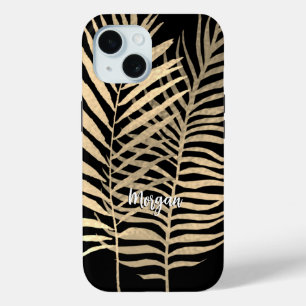 Gouden tropische bladeren, witte naam in script op iPhone 15 case