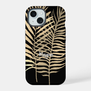 Gouden tropische bladeren, witte naam in script op iPhone 15 case