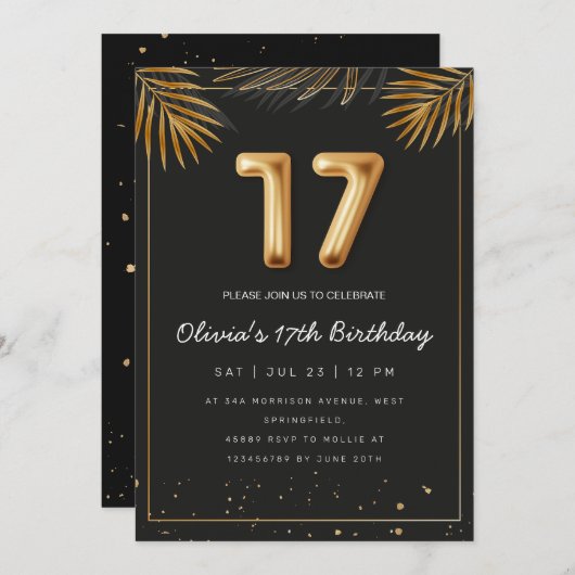 Gouden Tropische Palm Bladeren 17e Verjaardag Kaart (Voorkant / Achterkant)