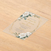 Gouden trouw wit rozen acrylic uitnodiging (Laagn)