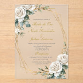 Gouden trouw wit rozen acrylic uitnodiging (Voorkant)