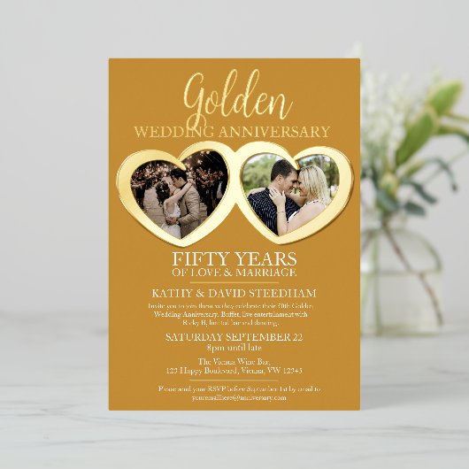 Gouden trouwdag 50e feest 6 foto's folie uitnodiging (Staand Voorkant)