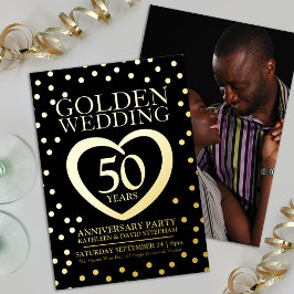 Gouden trouwdag 50ste feest zwart goud folie uitnodiging