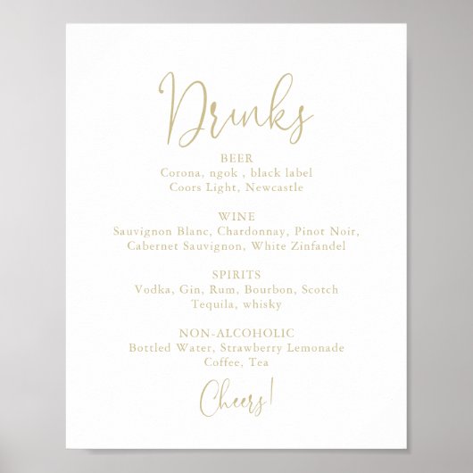 Gouden trouwdranken menu fancy script bord poster (Voorkant)