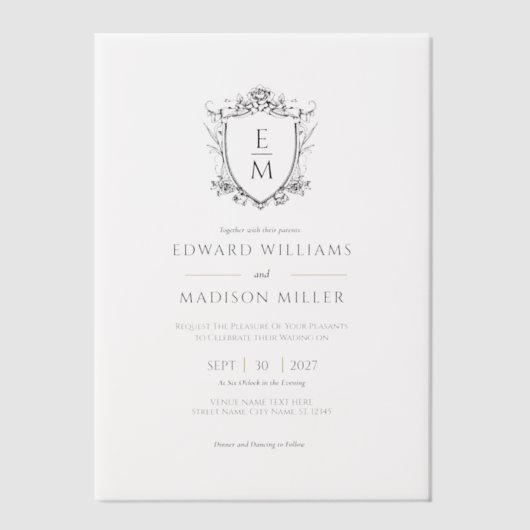 Gouden Trouwkam Custom Trouwkleding Initialen Vellum Uitnodigingen (Voorkant)