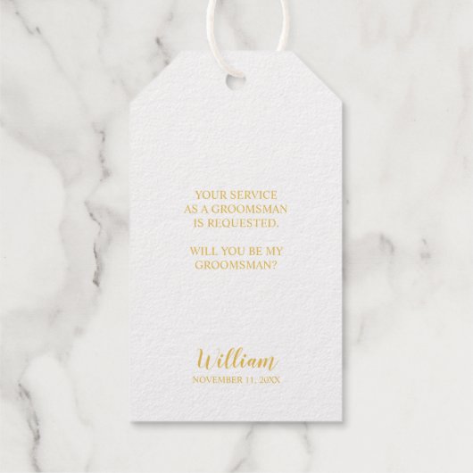 Gouden Trouwpak en Stropdas Groomsman Voorstel Cadeaulabels (Achterkant)