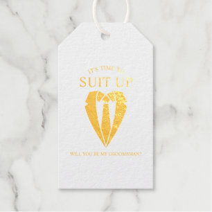 Gouden Trouwpak en Stropdas Groomsman Voorstel Cadeaulabels