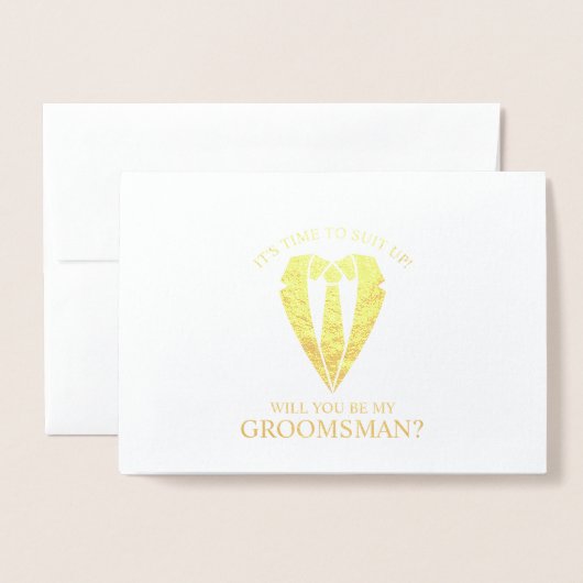 Gouden Trouwpak Gepersonaliseerde Groomsman Voorst Folie Kaarten (Voorkant met envelop)