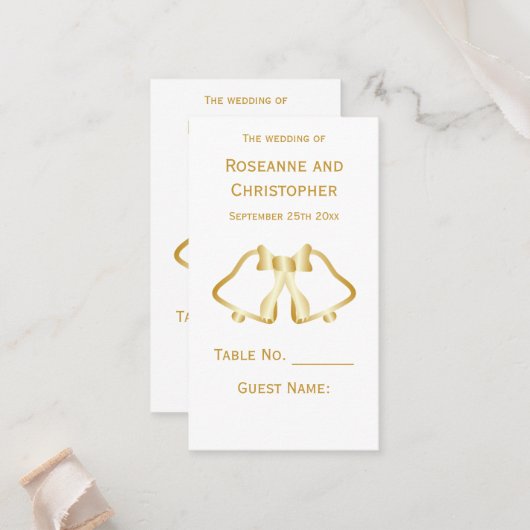 Gouden Trouwplaats Instelling Kaart Bells Ribbon Plaatskaartje (Voorkant / Achterkant in situ)