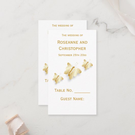 Gouden Trouwplaats Instelling Kaart Vlinders Desig Plaatskaartje (Voorkant / Achterkant in situ)