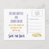 Gouden Trouwringen Blauw Save the Date Briefkaarte Aankondigingskaart (Achterkant)