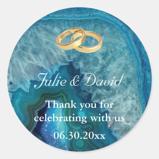 Gouden trouwringen Dank u op Blue Agaat Ronde Sticker (Voorkant)